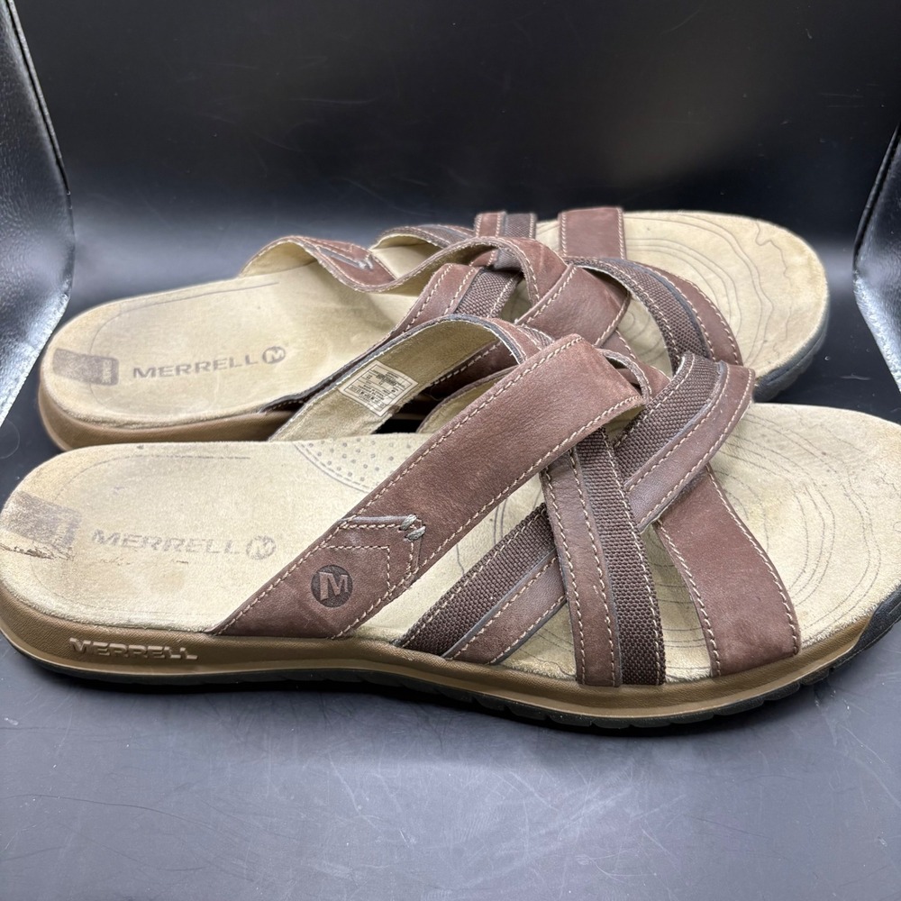 Merrell Espresso Mens Leather Strap Comfort Slide‎ Sandals Size 13